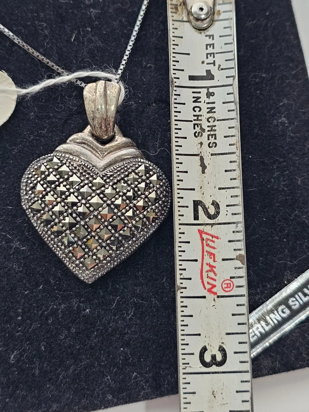 925 NOS Art Deco Sterling Silver Heart Pendant Necklace. Marcasite 24